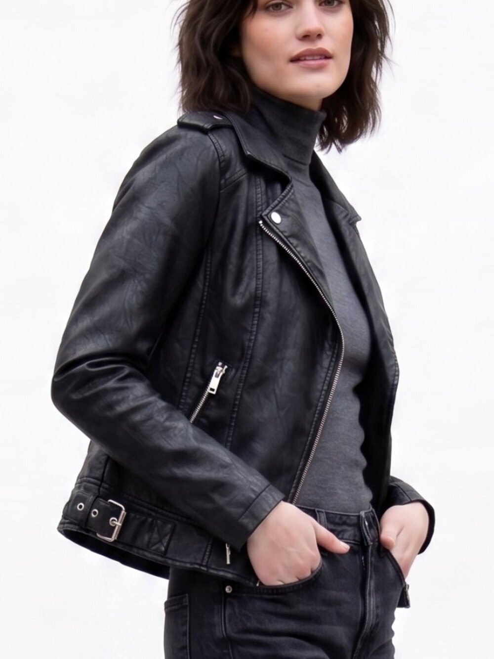 Topshop Black Faux Leather Moto Jacket with Silver Hardware